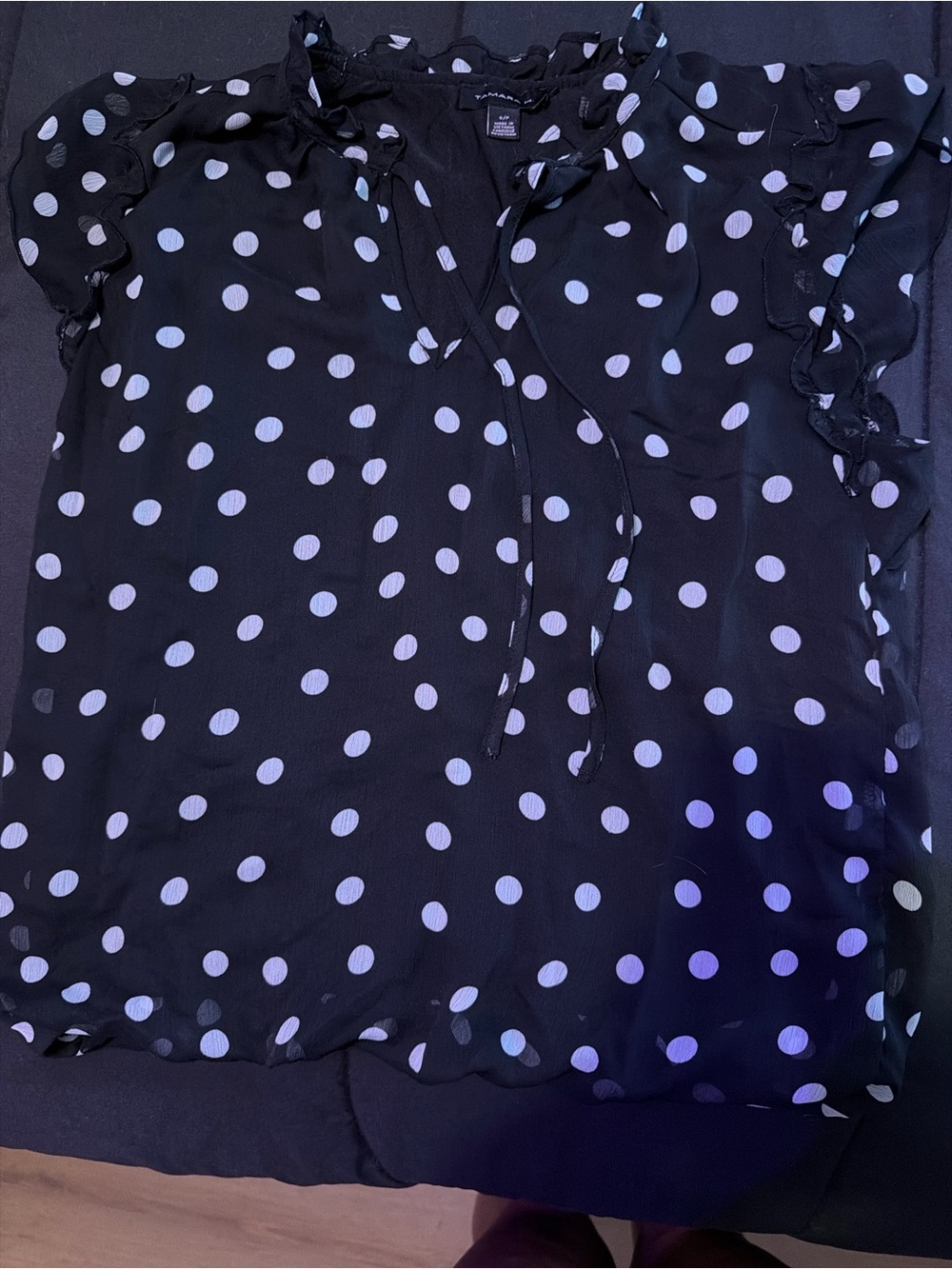 Black Polka Dot Ruffle Tie-Neck Blouse
